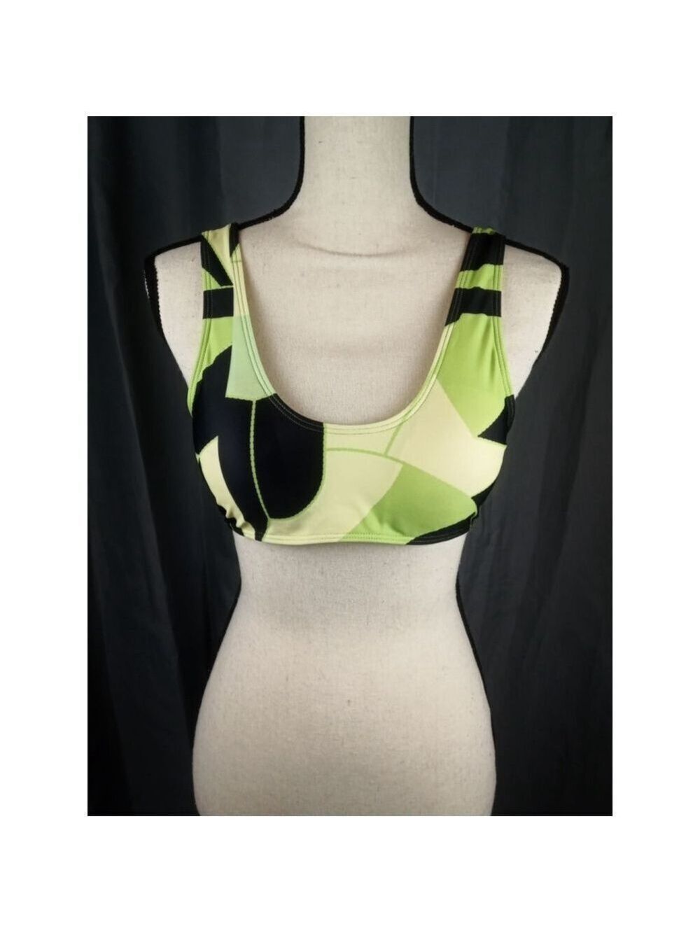 SHEIN bikini top, green and black geometric pattern, size M